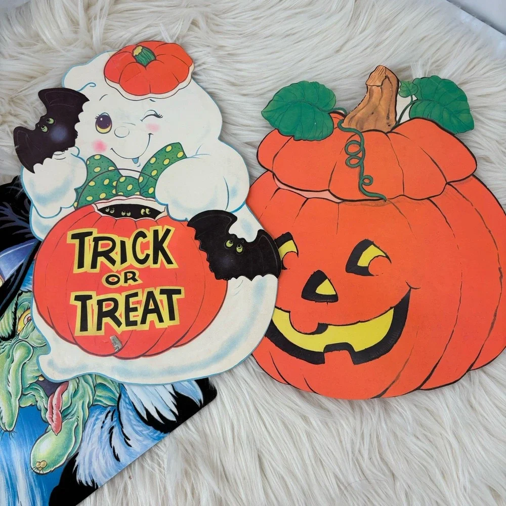 VTG Die Cut Wall Hanging Halloween Decoration 2-Sided Retro 80s Witch‎ Pumpkin
